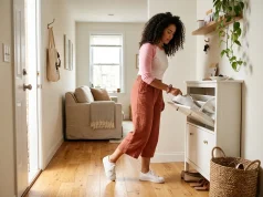 9 Entryway Shoe Storage Ideas That Stop the Pile Woman setting shoes into a slim entryway cabinet by a tight front door with a basket nearby