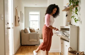 9 Entryway Shoe Storage Ideas That Stop the Pile Woman setting shoes into a slim entryway cabinet by a tight front door with a basket nearby