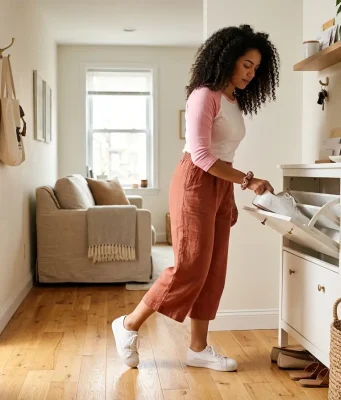 9 Entryway Shoe Storage Ideas That Stop the Pile Woman setting shoes into a slim entryway cabinet by a tight front door with a basket nearby