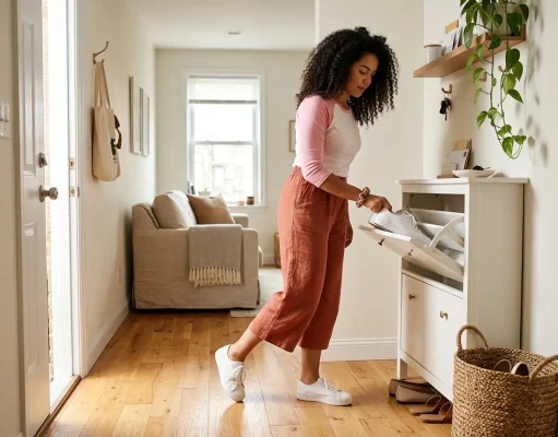 9 Entryway Shoe Storage Ideas That Stop the Pile Woman setting shoes into a slim entryway cabinet by a tight front door with a basket nearby