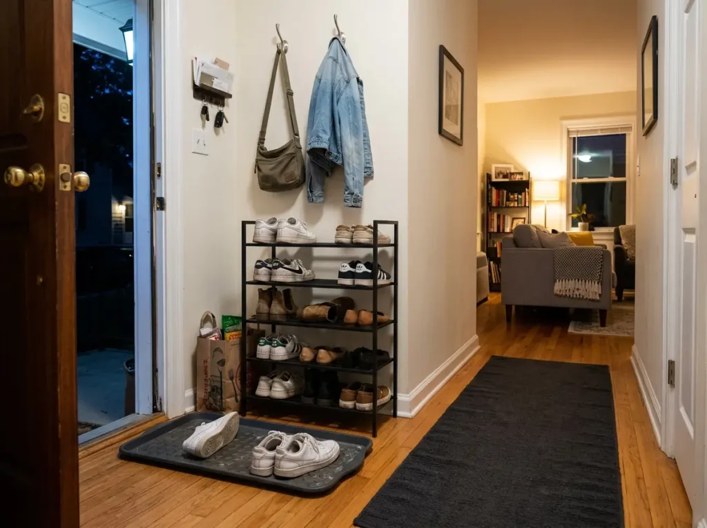 Organized entryway shoe zone with boot tray and narrow rack showing daily use in action