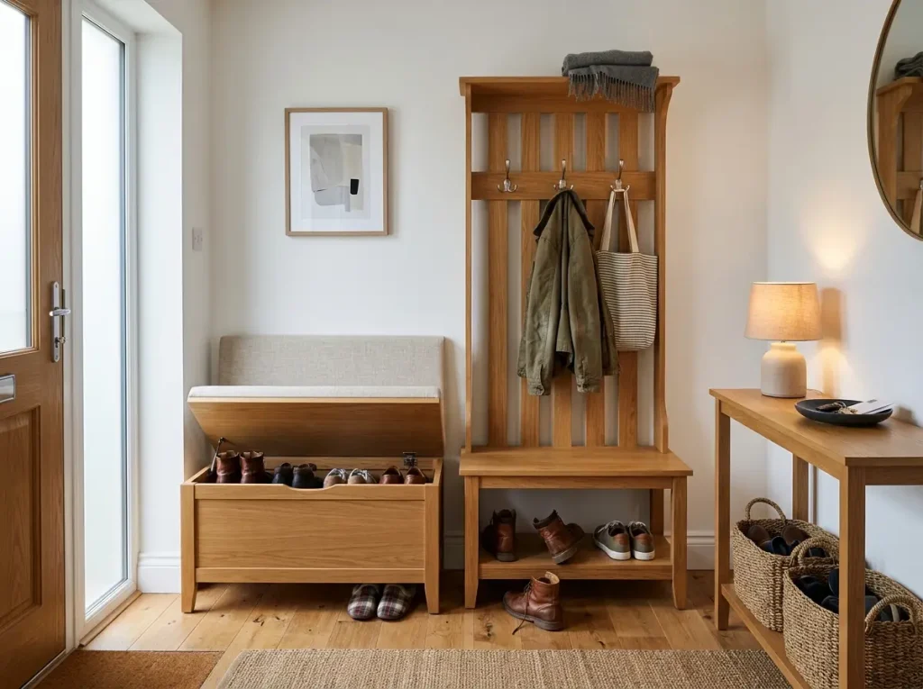 9 Entryway Shoe Storage Ideas That Stop the Pile 5 Entryway storage bench with a lift-top seat and a hall tree holding coats by the door