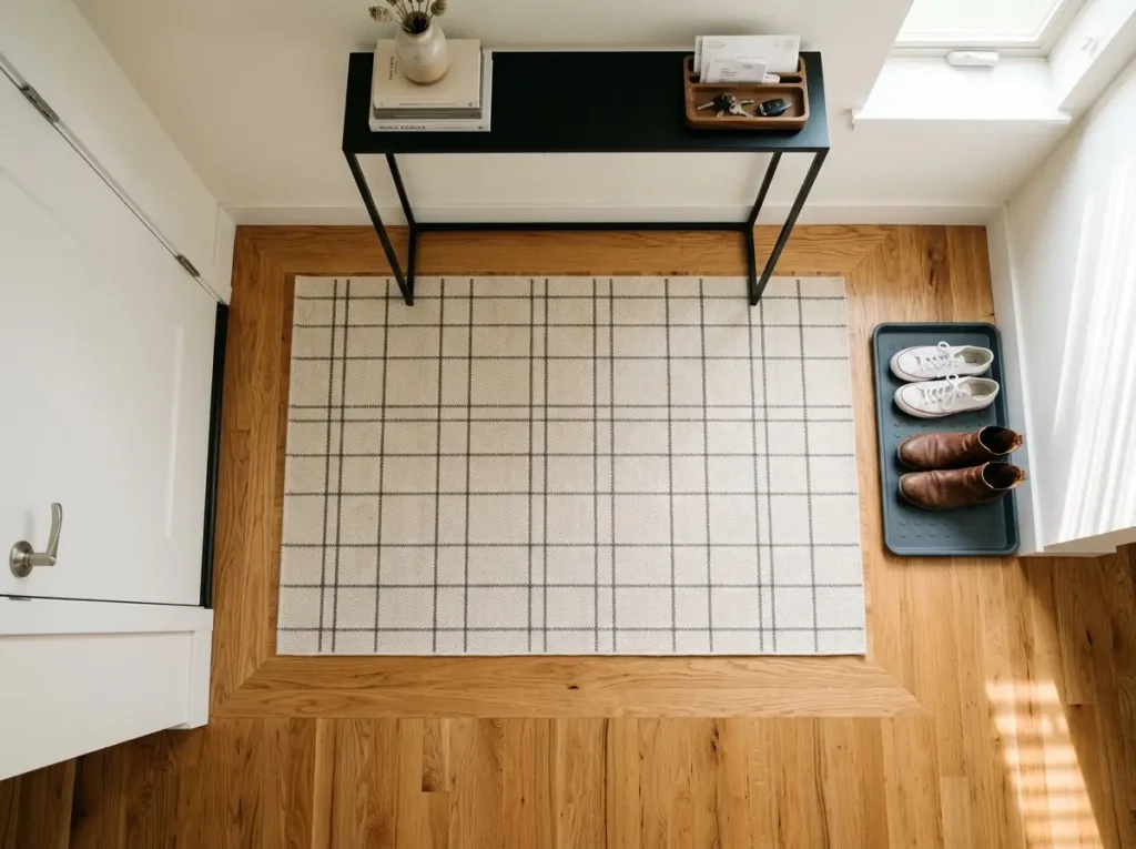 Hands measuring apartment entryway wall beside door latch side with tape measure