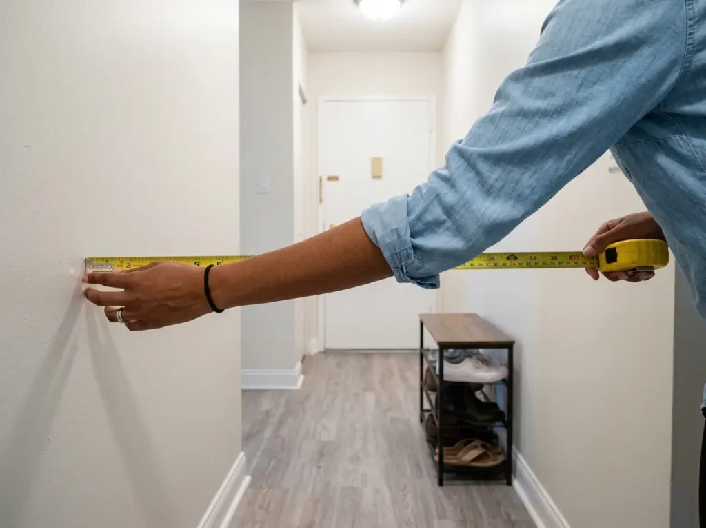 Close-up of hands measuring narrow apartment entryway width with yellow tape measure