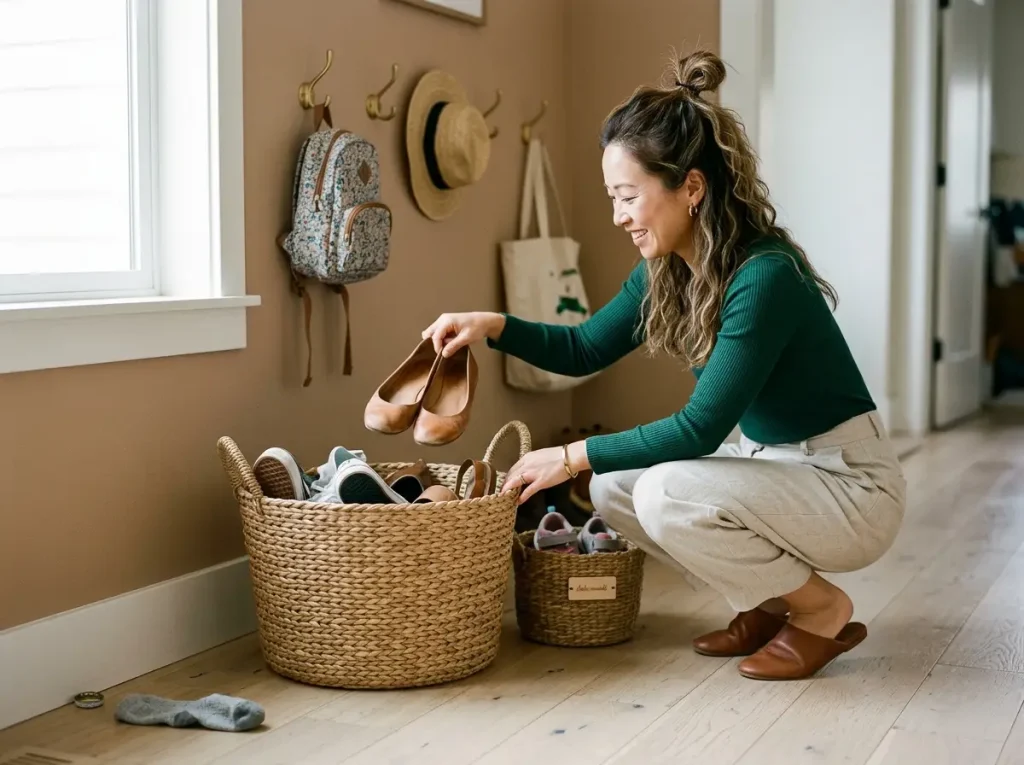 9 Entryway Shoe Storage Ideas That Stop the Pile 6 Woman dropping a pair of flats into a large woven seagrass basket by the front door