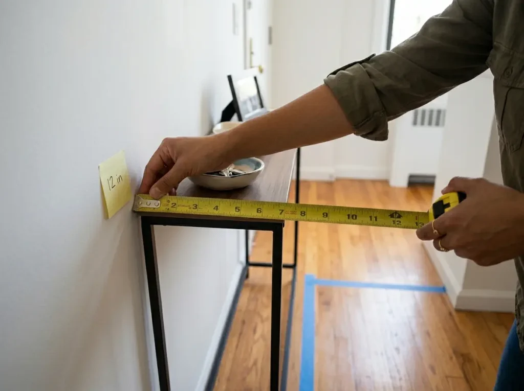 Why Your Open Floor Plan Entryway Keeps Falling Apart 1 Hand measuring console table depth with tape measure showing 36 inch walkway clearance in apartment entryway
