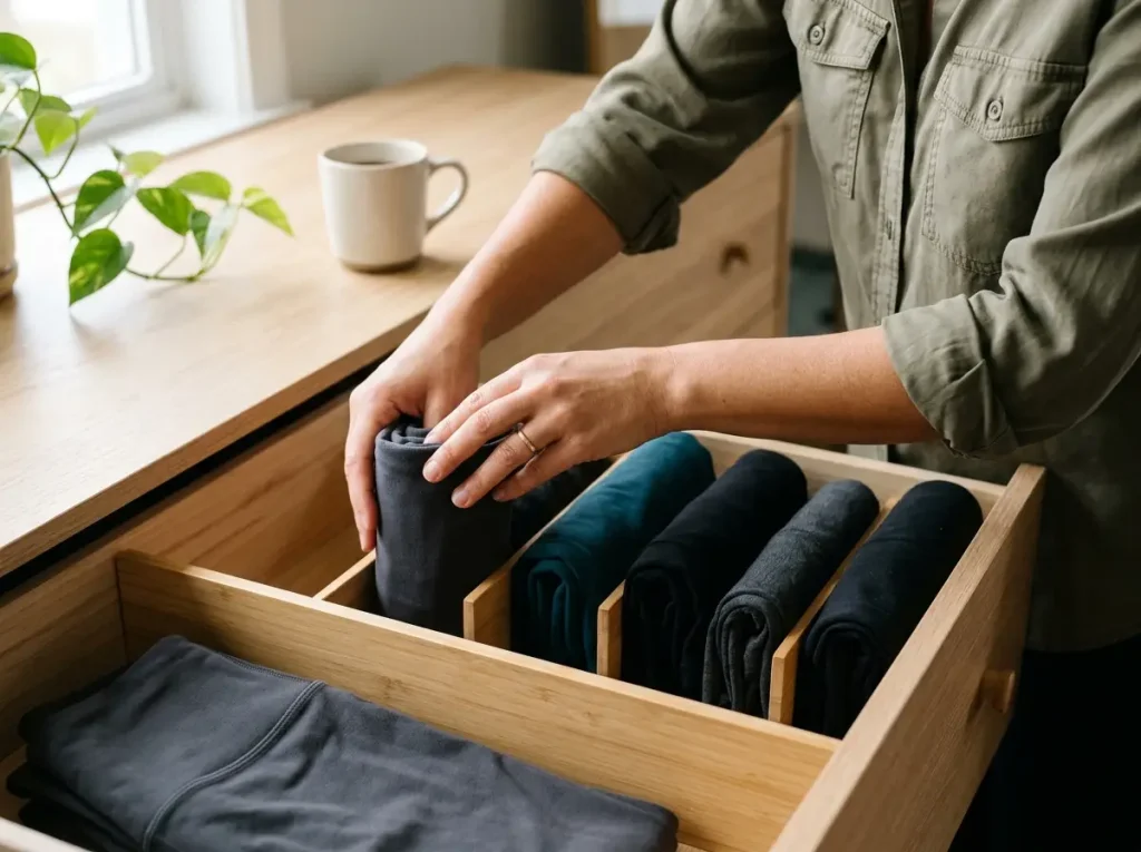 Close-up of hands file-folding a legging into a standing package next to a divided drawer