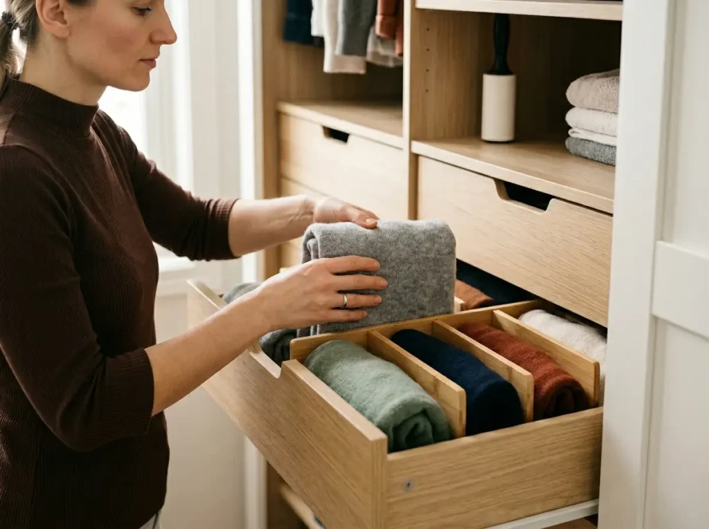 Hands file-folding a sweater to stand upright in a drawer divided into lanes with bamboo dividers