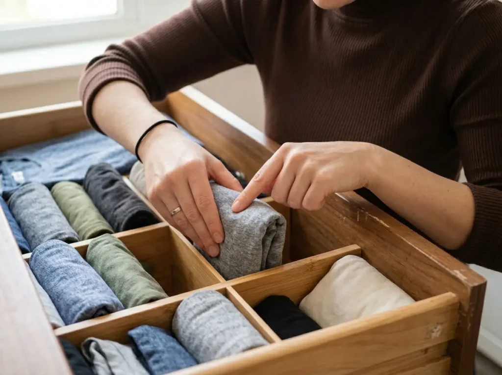 How to Organize Clothes With or Without a Closet 3 Hands file-folding a t-shirt to stand upright in a divided dresser drawer