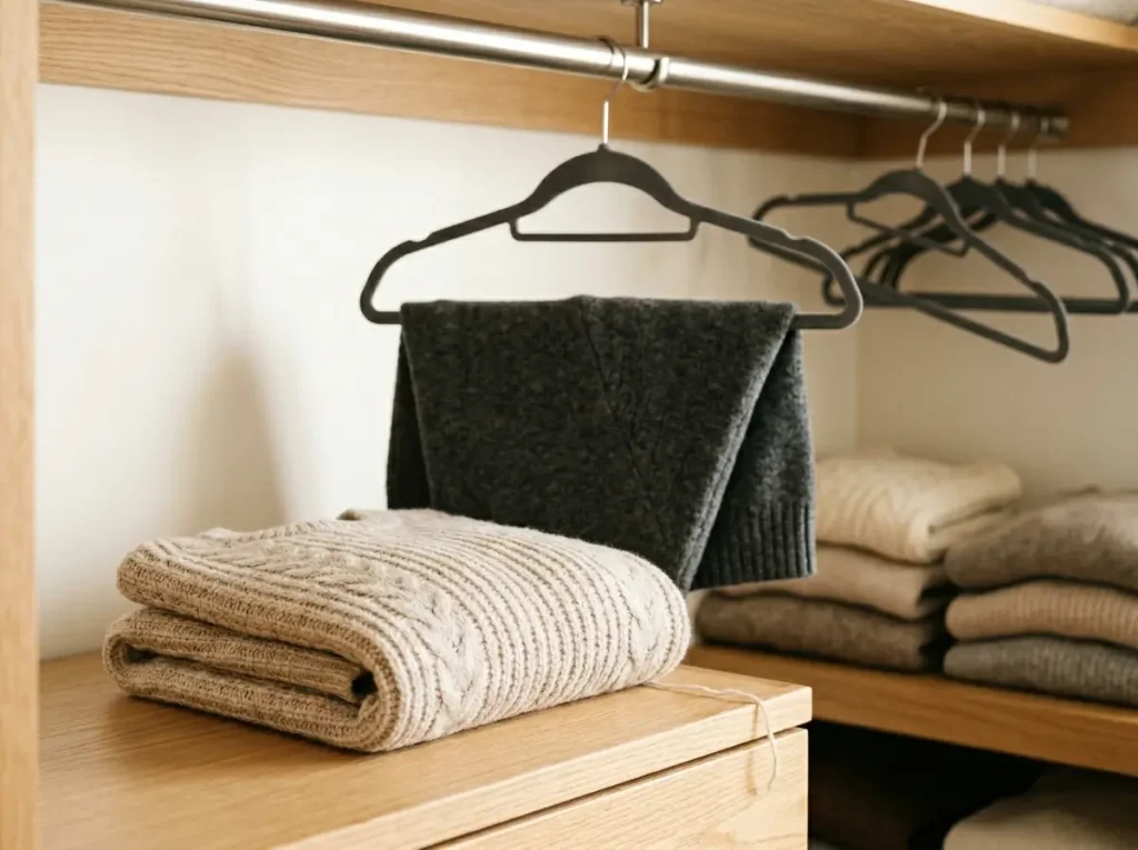 A folded wool sweater on a shelf beside a sweater folded over the bar on a padded velvet hanger