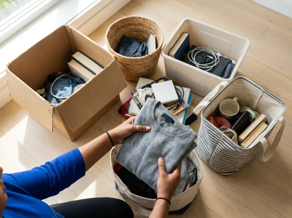 Hands sorting belongings into four boxes using the four-box decluttering method