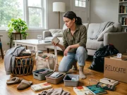 Four-Box Decluttering Method (Why It Fails and the Fix) Woman kneeling on living room floor sorting items into four labeled containers using the four-box decluttering method