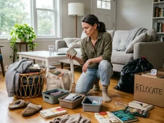 Four-Box Decluttering Method (Why It Fails and the Fix) Woman kneeling on living room floor sorting items into four labeled containers using the four-box decluttering method