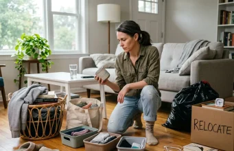 Four-Box Decluttering Method (Why It Fails and the Fix) Woman kneeling on living room floor sorting items into four labeled containers using the four-box decluttering method