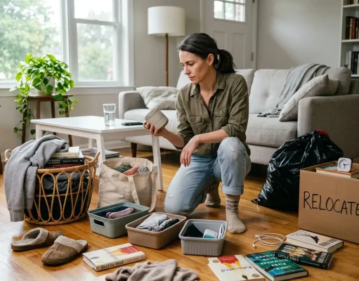 Four-Box Decluttering Method (Why It Fails and the Fix) Woman kneeling on living room floor sorting items into four labeled containers using the four-box decluttering method