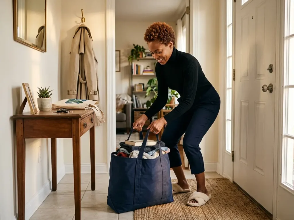 Four-Box Decluttering Method (Why It Fails and the Fix) 9 African American woman early 40s lifting large blue canvas donation bag near front door completing four-box decluttering session