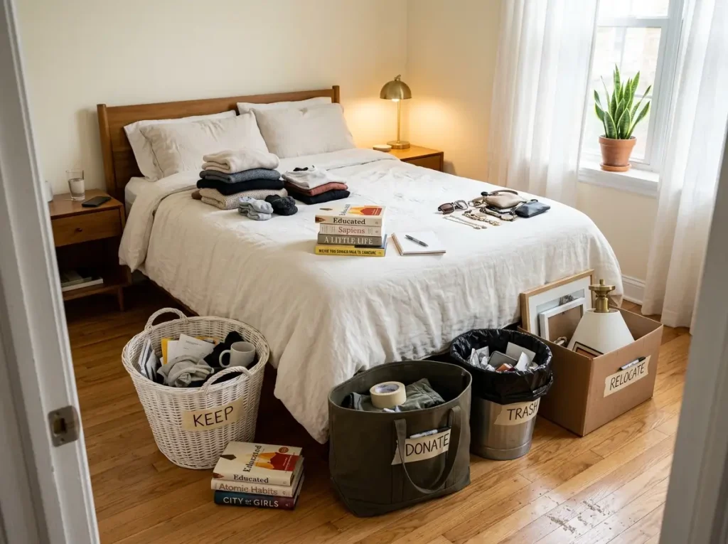 Four-Box Decluttering Method (Why It Fails and the Fix) 7 Bedroom in mid-declutter with clothing and items sorted into four containers on floor showing the four-box session in progress
