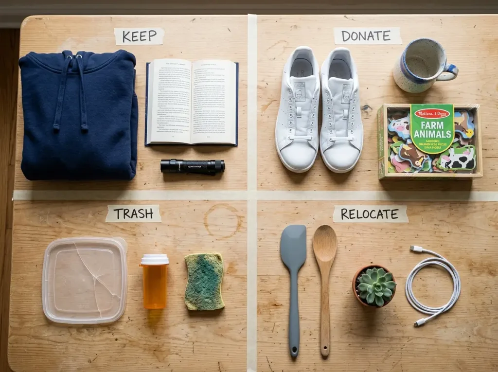 Four-Box Decluttering Method (Why It Fails and the Fix) 4 Overhead flat-lay of everyday household items sorted into four groups representing Keep Donate Trash and Relocate categories