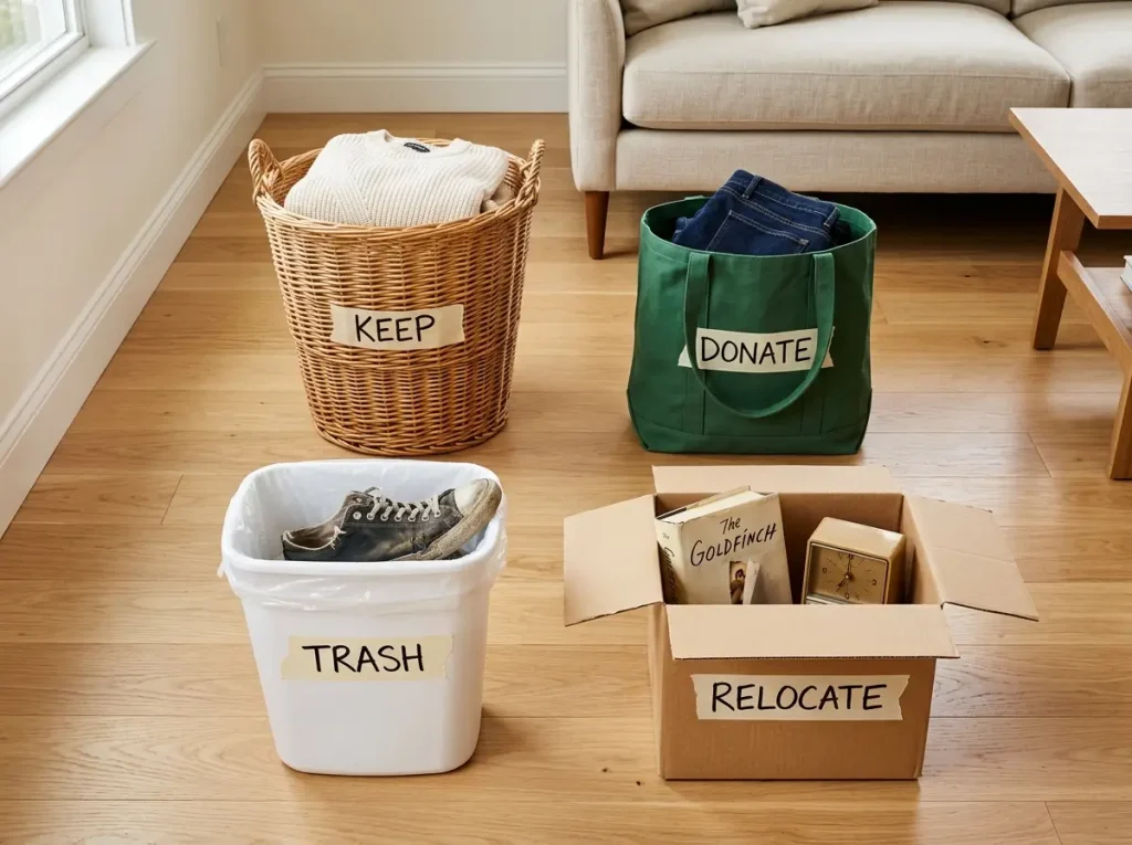 Four labeled containers arranged on hardwood floor showing Keep Donate Trash and Relocate categories of the four-box method