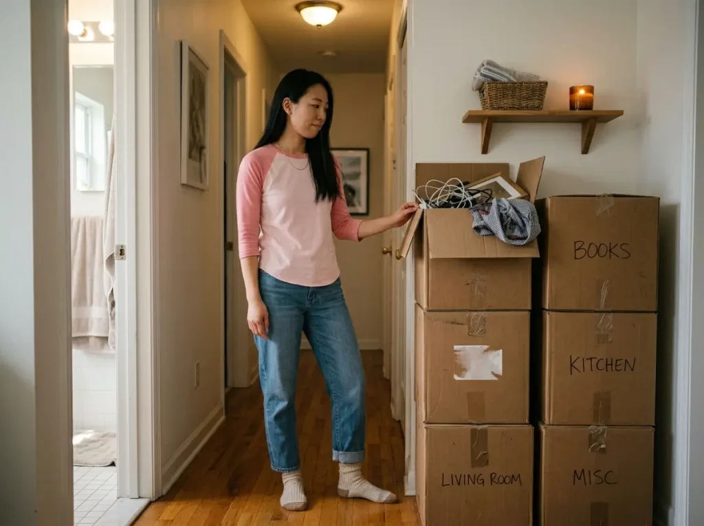 Four-Box Decluttering Method (Why It Fails and the Fix) 5 Chinese American woman in late 20s looking at stack of unlabeled storage boxes in hallway showing the storage box trap failure of four-box decluttering method