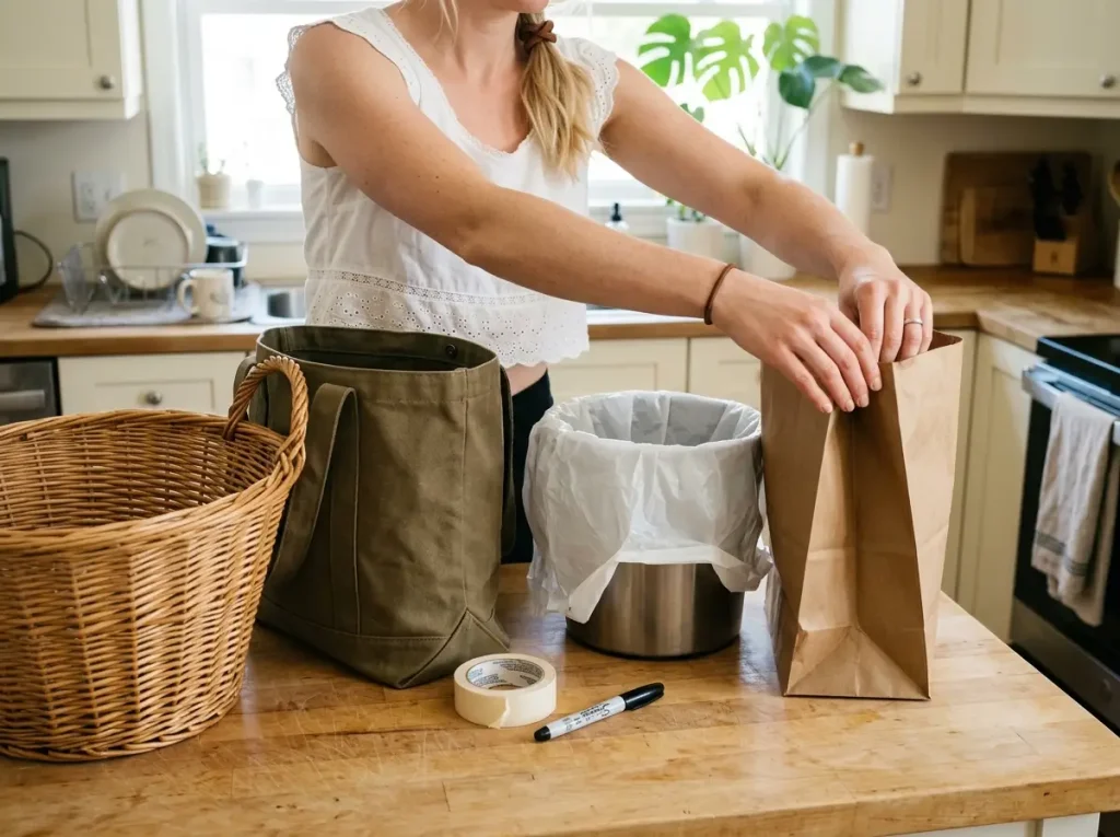 Four-Box Decluttering Method (Why It Fails and the Fix) 2 Hands arranging free substitution kit for four-box decluttering method including laundry basket grocery bag and trash bag on kitchen counter