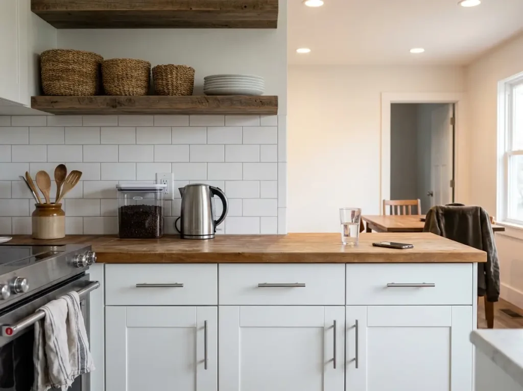 Calm functional minimalist kitchen with clear counters and a few daily-use items