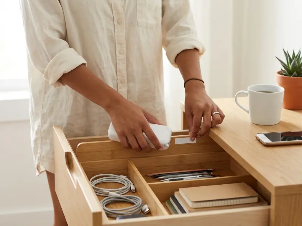 Hands using a handheld label maker to mark a drawer divider, giving every item a fixed home in minimalist organization
