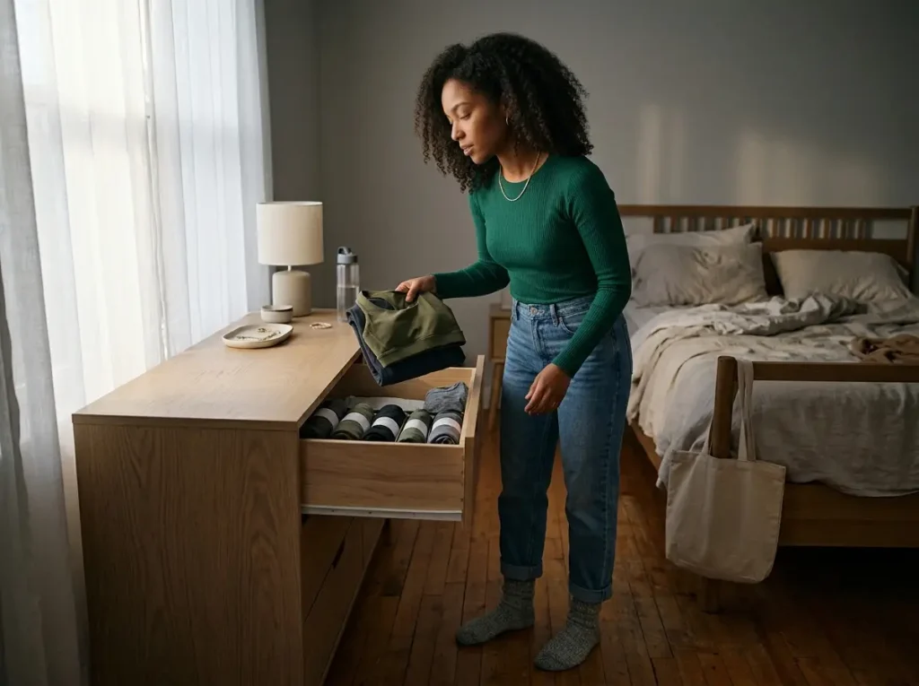 Woman grabbing a bundled workout outfit set from an open drawer in early morning light