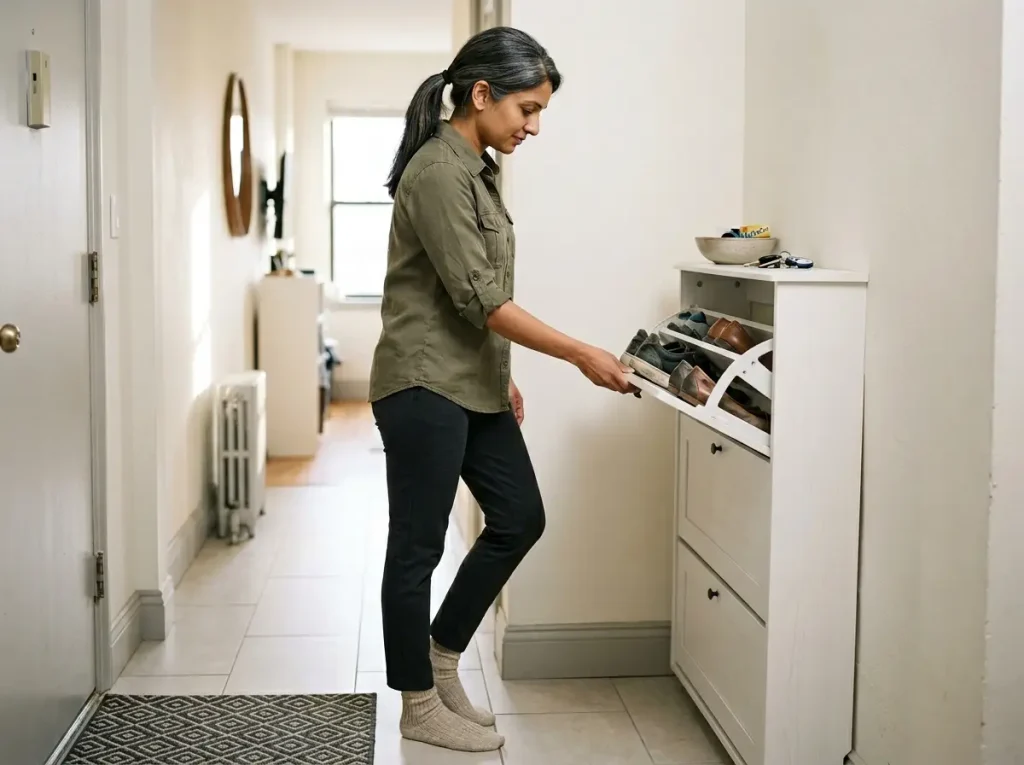 Indian American woman in 40s opening Haotian flip-drawer shoe cabinet in apartment entryway