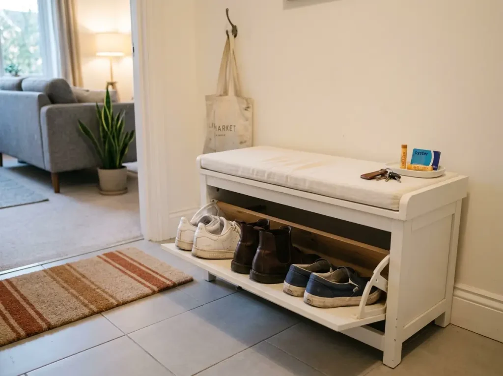 Haotian shoe storage bench in apartment entryway with flip drawer open showing organized shoes inside
