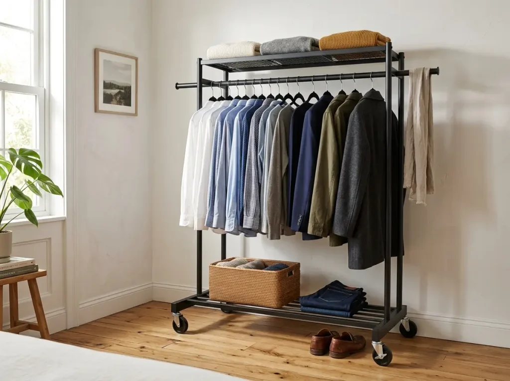 Sturdy heavy-duty rolling garment rack storing clothes without a closet in a bedroom