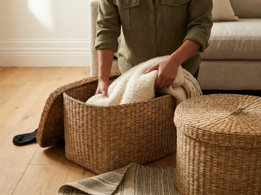 Hands placing a folded throw into a woven seagrass basket beside a lidded basket