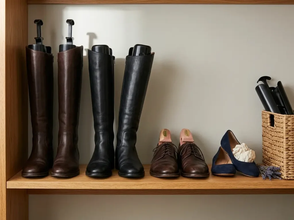 Tall boots standing upright with boot shapers and cedar shoe trees to hold their shape in storage