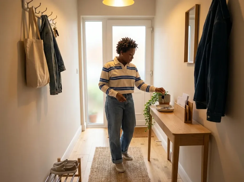 Woman resetting an entryway landing zone with a key tray and corralled mail, minimalist hotspot management in action