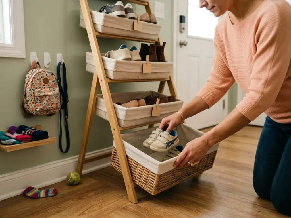 9 Entryway Shoe Storage Ideas That Stop the Pile 8 Hands placing small kids shoes into a low basket on a no-drill leaning entryway rack