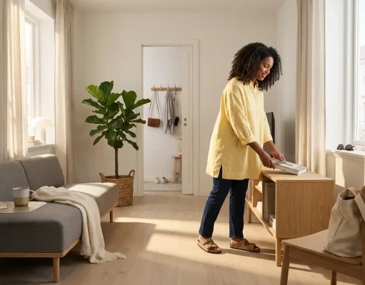 How to Become a Minimalist at Home for Good Woman pausing in a calm, lived-in living room while becoming a minimalist at home