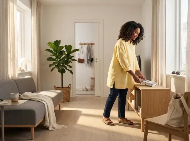 Woman pausing in a calm, lived-in living room while becoming a minimalist at home