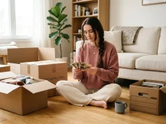 How to Declutter Sentimental Items Without the Guilt Woman sitting on floor sorting sentimental items from cardboard box, old photos in hand, natural window light