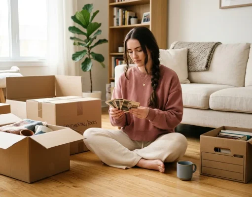 How to Declutter Sentimental Items Without the Guilt Woman sitting on floor sorting sentimental items from cardboard box, old photos in hand, natural window light