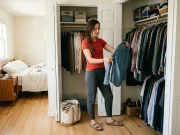 How to Declutter with a Partner Who Hoards Woman decluttering her shared closet, sorting clothes into donation bag for couple organization strategy