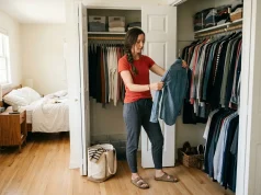 How to Declutter with a Partner Who Hoards Woman decluttering her shared closet, sorting clothes into donation bag for couple organization strategy