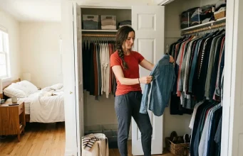 How to Declutter with a Partner Who Hoards Woman decluttering her shared closet, sorting clothes into donation bag for couple organization strategy