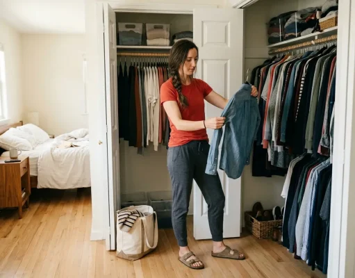 How to Declutter with a Partner Who Hoards Woman decluttering her shared closet, sorting clothes into donation bag for couple organization strategy