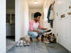 Why Your Shoe Rack Always Gets Messy Again Woman organizing shoes in small apartment entryway, sorting pile into daily and storage pairs