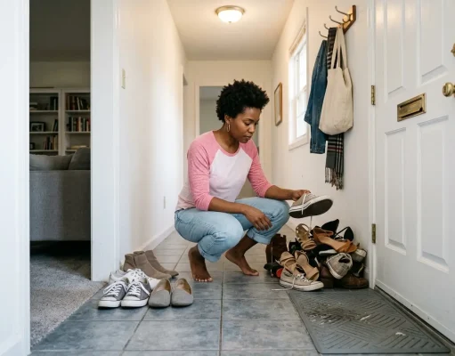 Why Your Shoe Rack Always Gets Messy Again Woman organizing shoes in small apartment entryway, sorting pile into daily and storage pairs