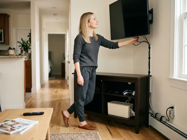 organized TV cables and cords behind entertainment center with labeled bundles
