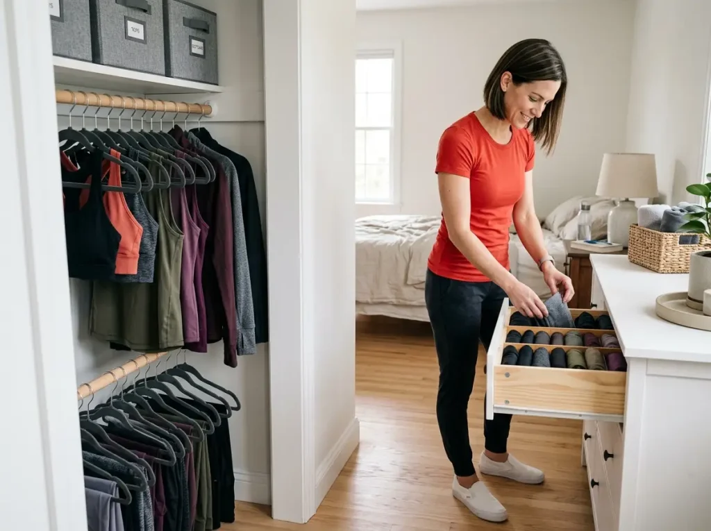 Woman organizing workout clothes in a small bedroom closet with folded leggings and hung sets