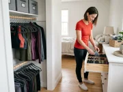 How to Organize Workout Clothes So They Stop Smelling Woman organizing workout clothes in a small bedroom closet with folded leggings and hung sets