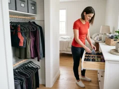 How to Organize Workout Clothes So They Stop Smelling Woman organizing workout clothes in a small bedroom closet with folded leggings and hung sets