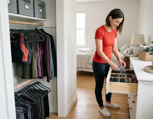 How to Organize Workout Clothes So They Stop Smelling Woman organizing workout clothes in a small bedroom closet with folded leggings and hung sets